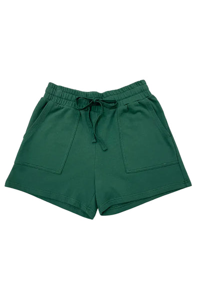 Green drawstring shorts with side pockets, photographed flat against a plain white background.