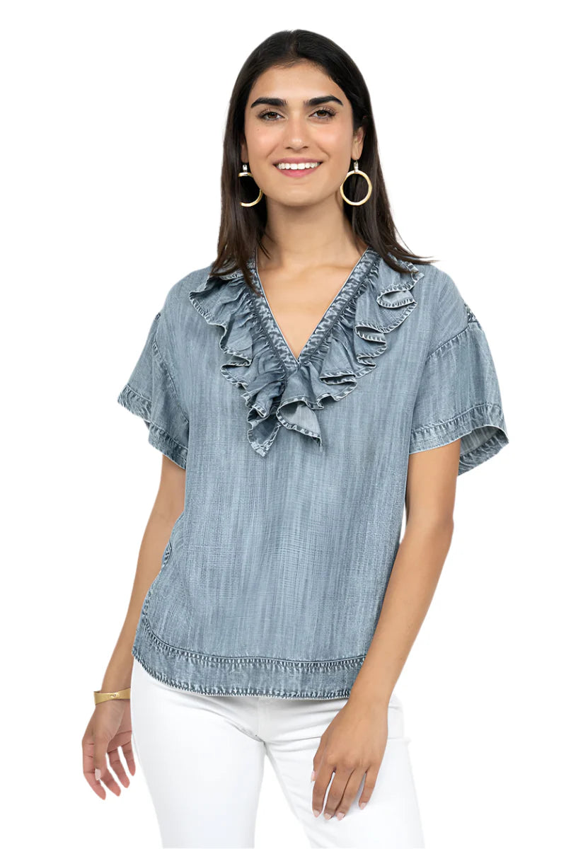 Ivy Jane Ruffle Front Tunic Top in Indigo
