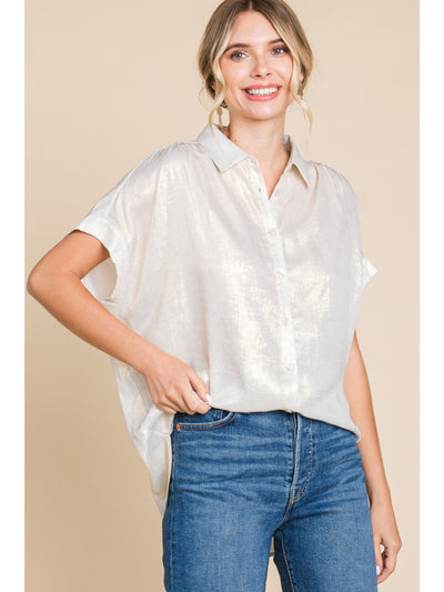 Mindy Metallic Collared Button Up Blouse