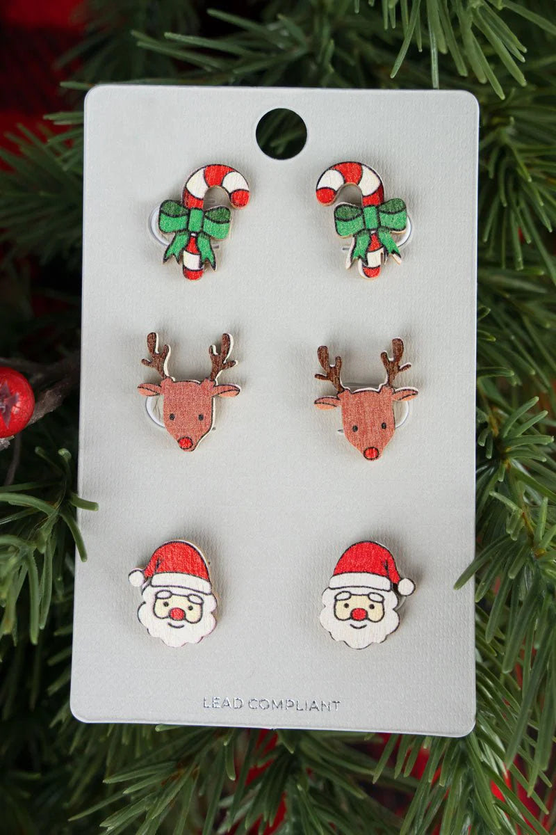 Merry & Bright Wooden Stud Earring Set