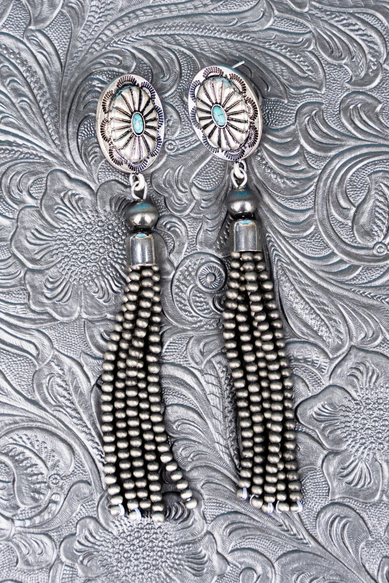 Riley Fashion Concho Post Navajo Tassel Earrings - Turquoise
