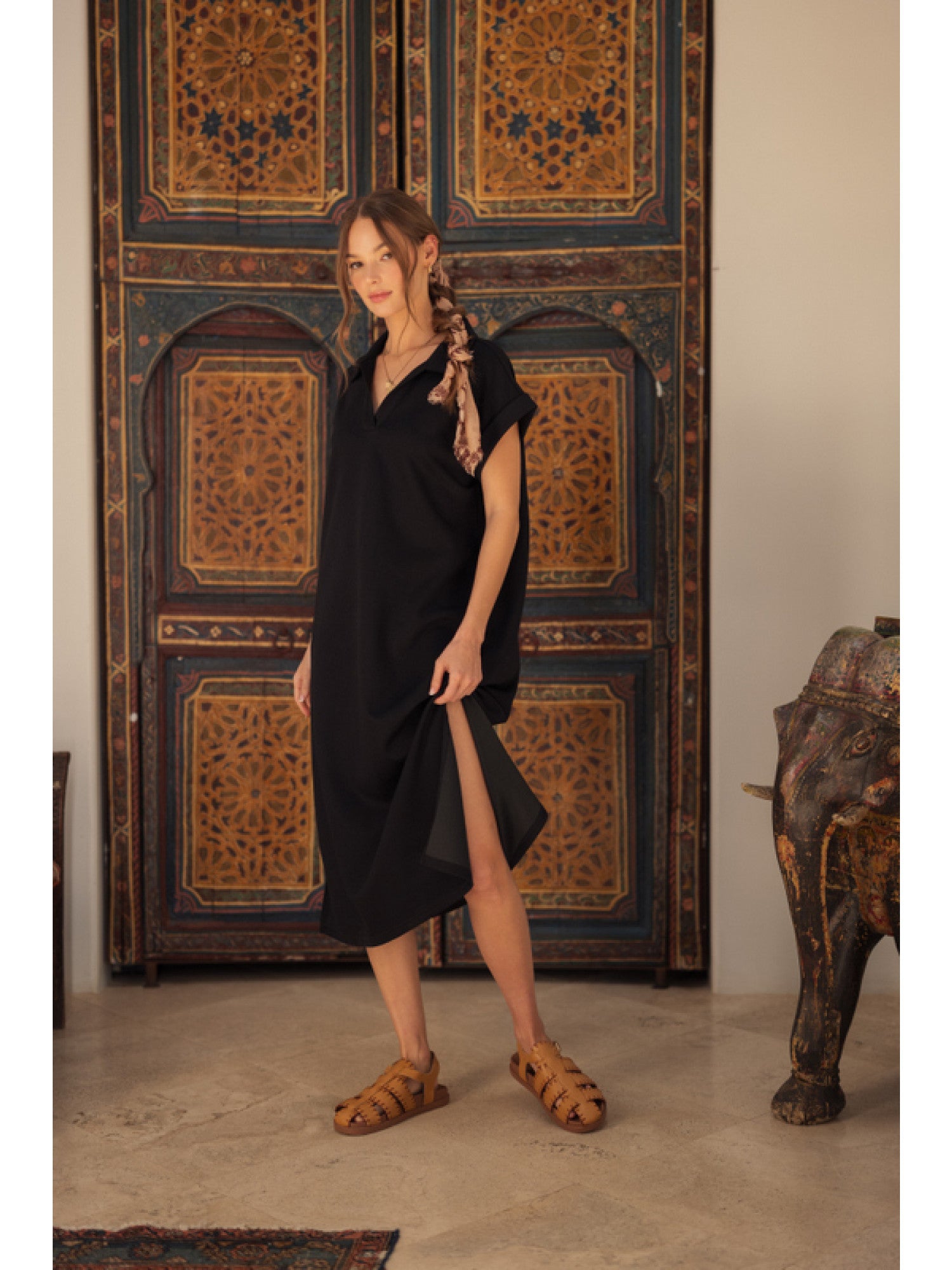 Black Solid Midi Dress