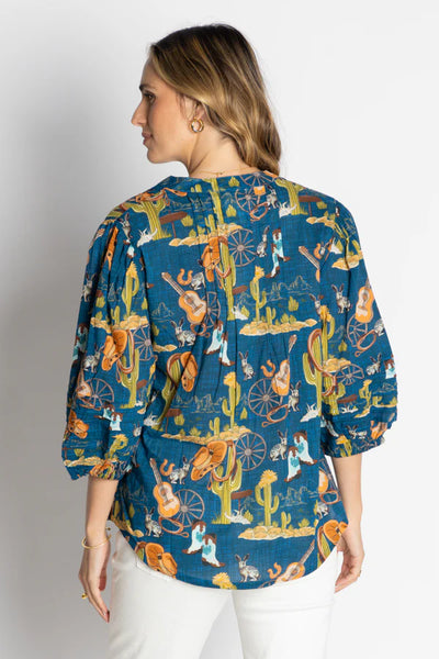 back of navy Western themed top