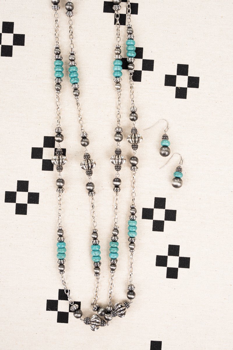 Juniper Double Strand Navajo Bead Chain Necklace & Earrings - Turquoise