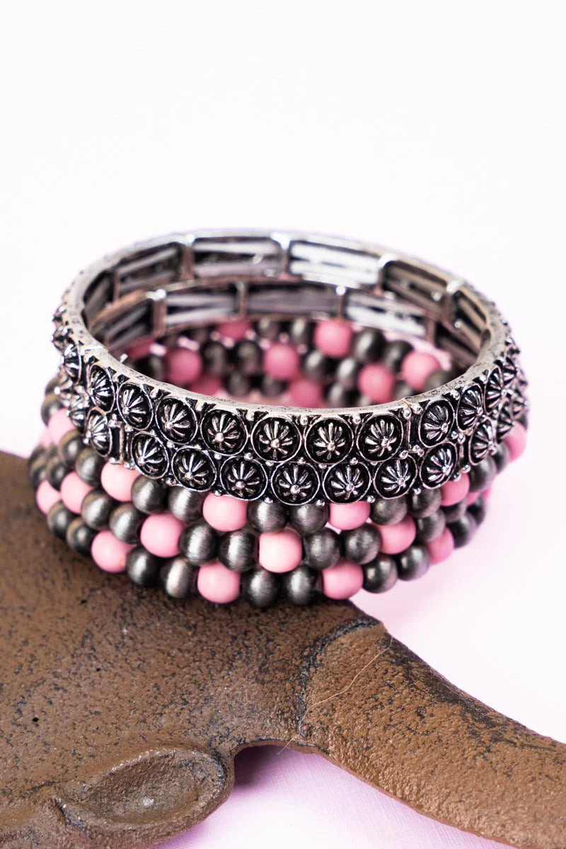 Luna Fashion Navajo & Silver Stretch Bracelet Set - Pink