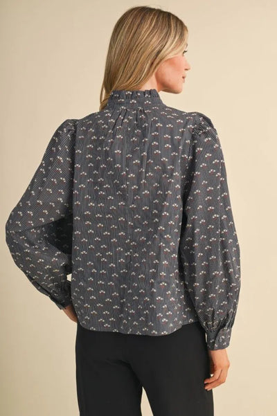Floral Striped Bow Tying Blouse