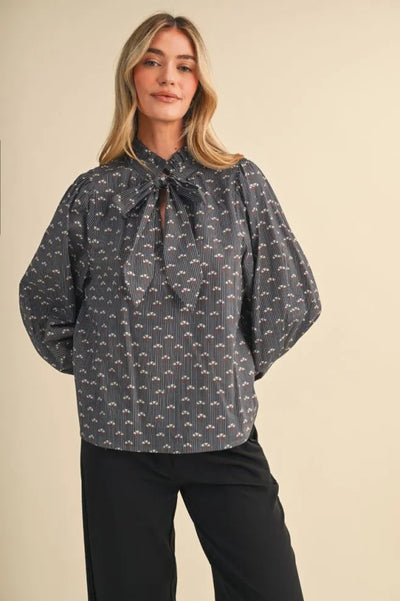 Floral Striped Bow Tying Blouse