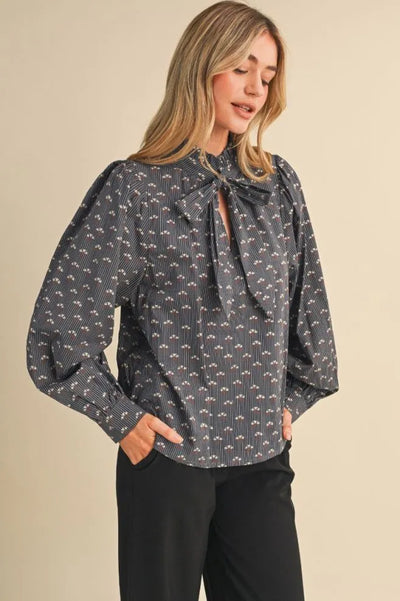Floral Striped Bow Tying Blouse
