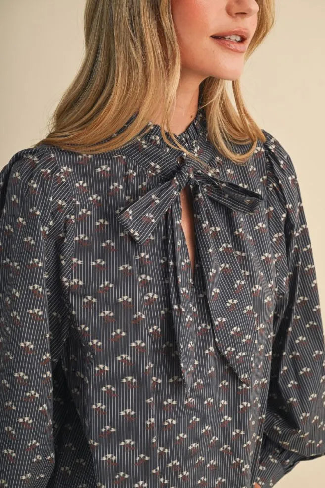 Floral Striped Bow Tying Blouse