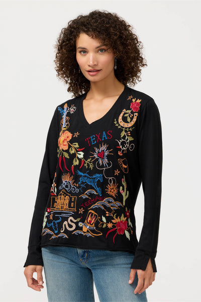 Johnny Was Long Sleeve V Neck Texas Tee