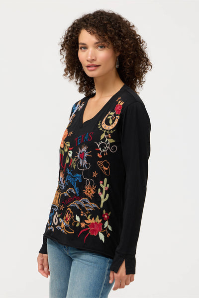 Johnny Was Long Sleeve V Neck Texas Tee