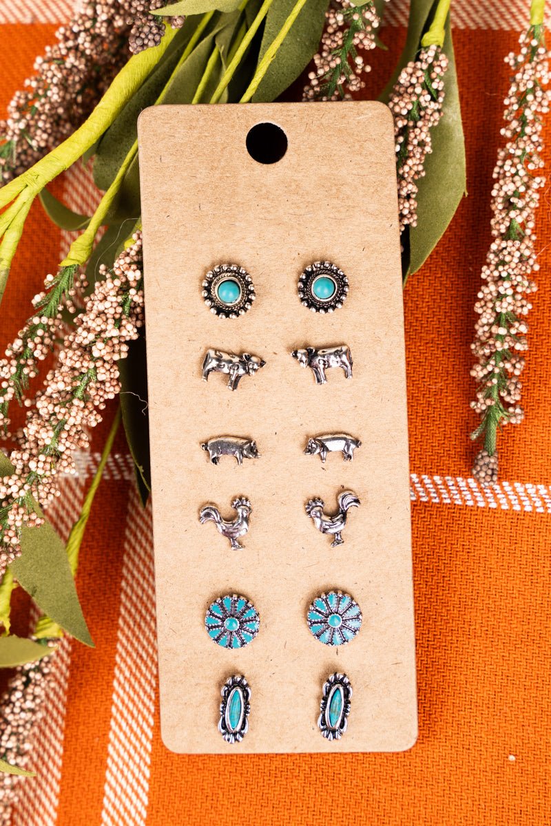Concho & Farm Animal Themed Turquoise Stud Earring Set - 6 pairs