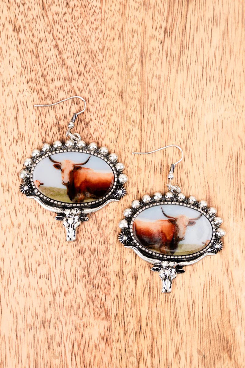Lone Star Steer Portrait Link Chain Necklace & Earrings