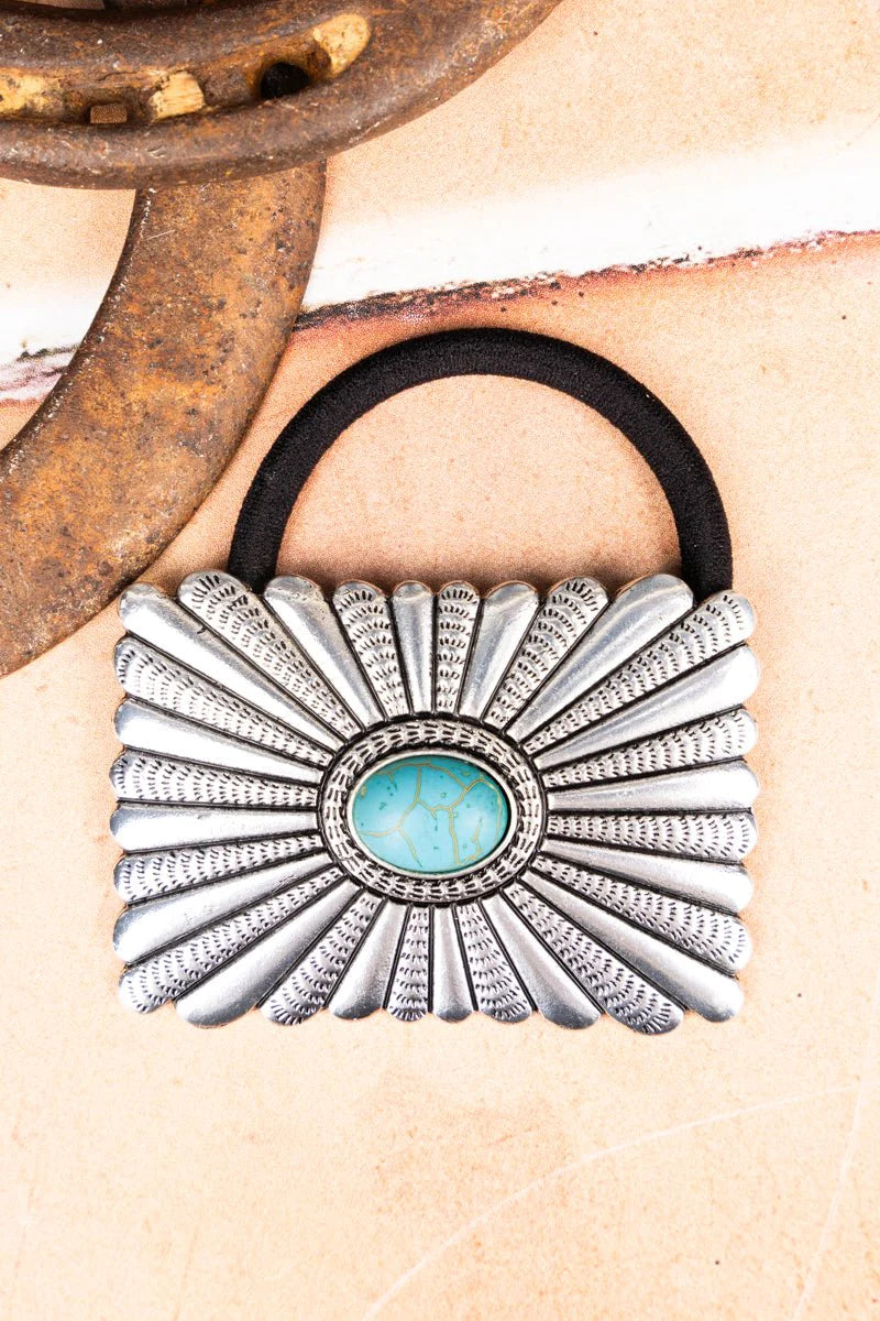 Ray of Sunshine Rectangle Concho Fashion Hair Tie - Turquoise