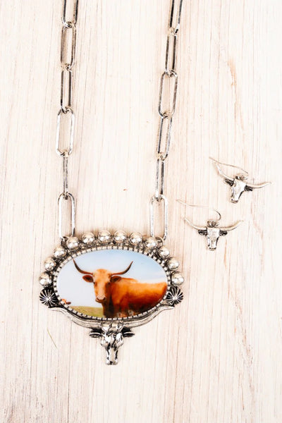 Lone Star Steer Portrait Link Chain Necklace & Earrings