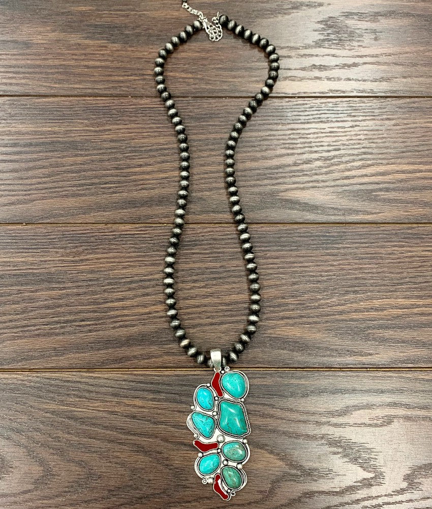 Winston 10mm Fashion Navajo Necklace With Turquoise & Coral Pendant - 30"