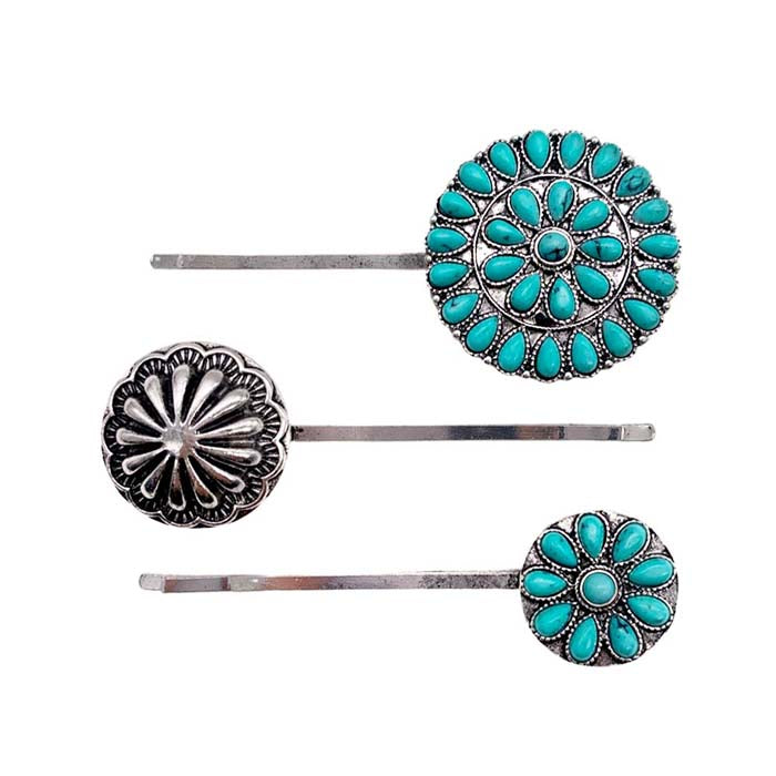 Fashion Concho & Medallion Hair Pin Trio - Turquoise
