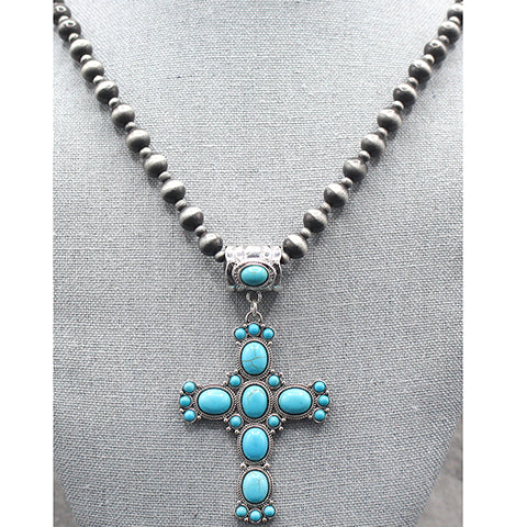 Fiona Fashion Navajo Bead Necklace With Turquoise Cross Pendant