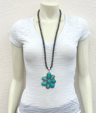 Haley 8mm Fashion Navajo Necklace With Natural Stone Cluster Pendant - Turquoise