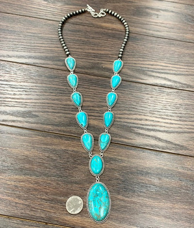 Marianne Navajo, Teardrop & Oval Stone Y Necklace - Turquoise