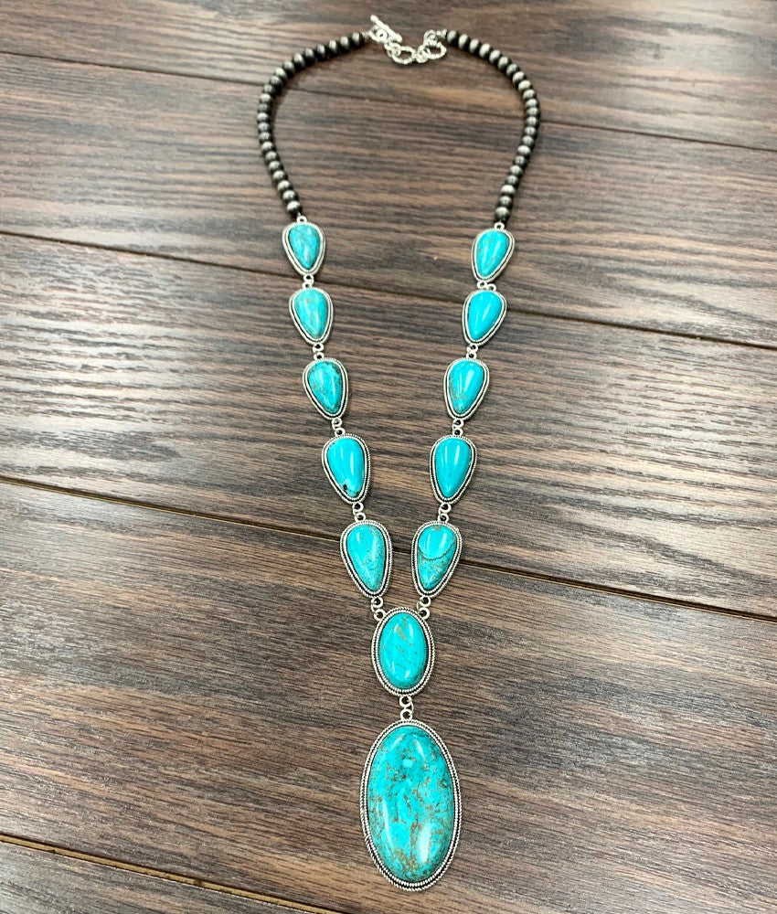 Marianne Navajo, Teardrop & Oval Stone Y Necklace - Turquoise