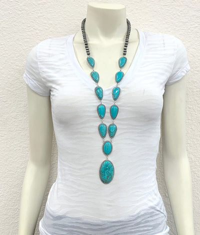 Marianne Navajo, Teardrop & Oval Stone Y Necklace - Turquoise