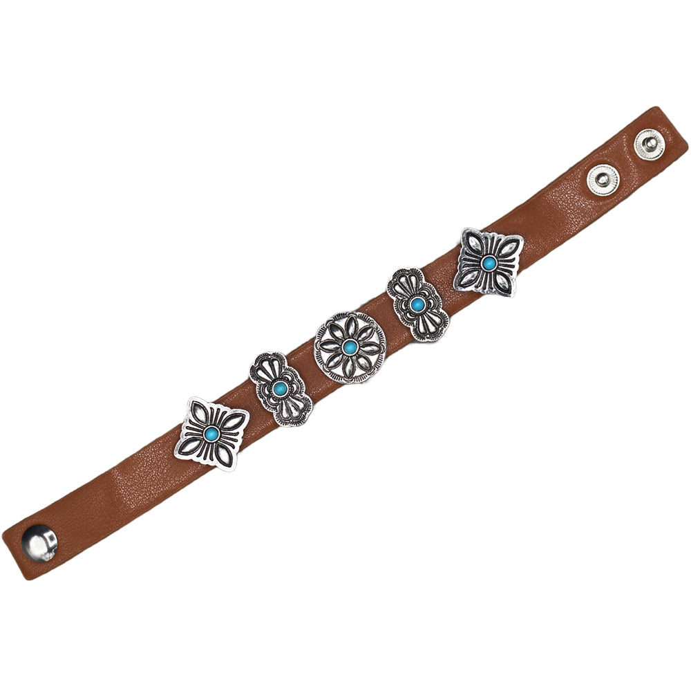 Neches Leather Concho Bracelet and Earrings - Turquoise