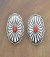 Silver Oval Concho Earrings - Red