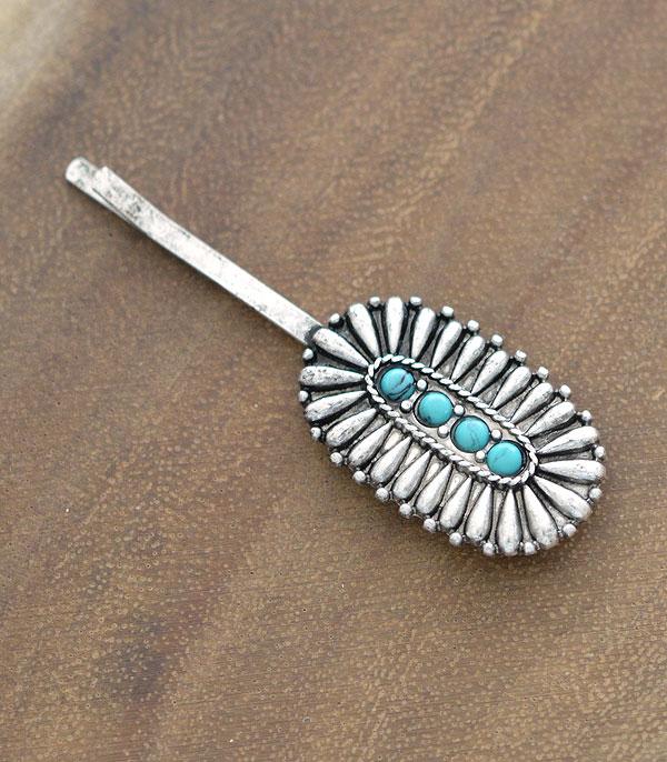 Fashion Silver Oval Concho Hair Pin - Turquoise