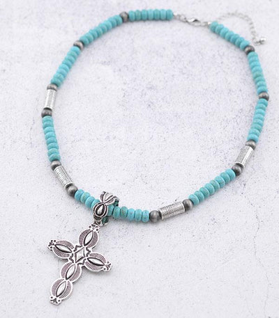 Danver Fashion Turquoise Bead Silver Cylinder Cross Necklace