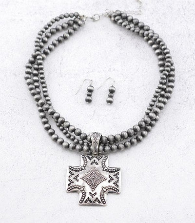 Brenner Triple Strand Navajo Cross Fashion Necklace