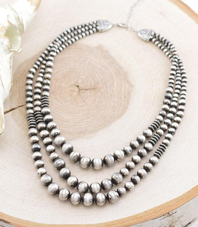 Mackenzie Oxidized Fashion Silver & Saucer Bead 3 Strand Layered Necklace - Silver