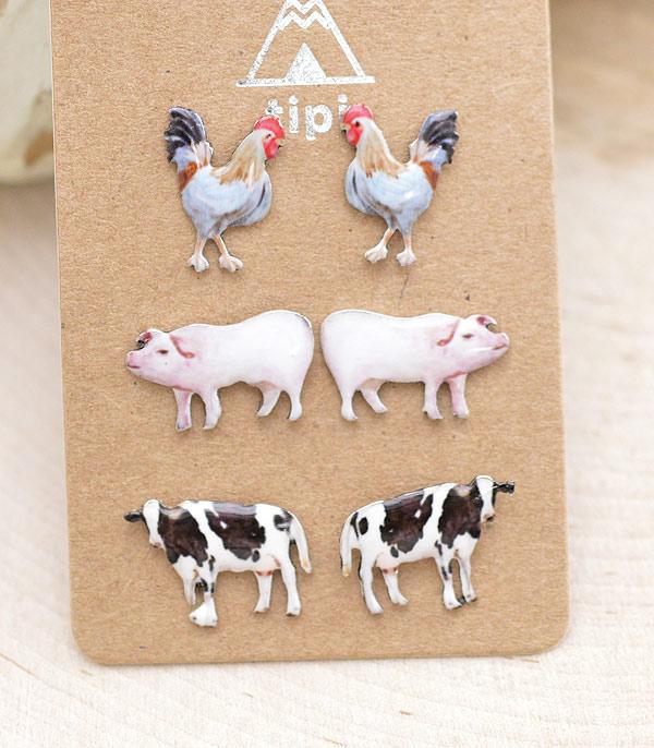 Metal Farm Animal Stud Earrings Set