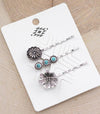 Western Concho, Triple Stone, Flower Fashion Silver Hair Pin Set - Turquoise
