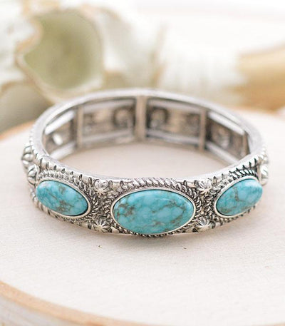 Menthol Fashion Stamped Silver & Turquoise Stretch Bracelet