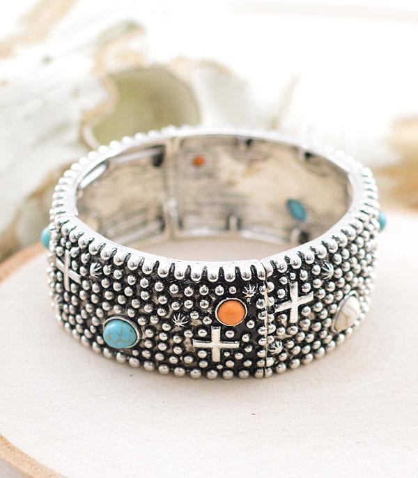 Vance 1" Fashion Silver Cross & Stone Stretch Bracelet