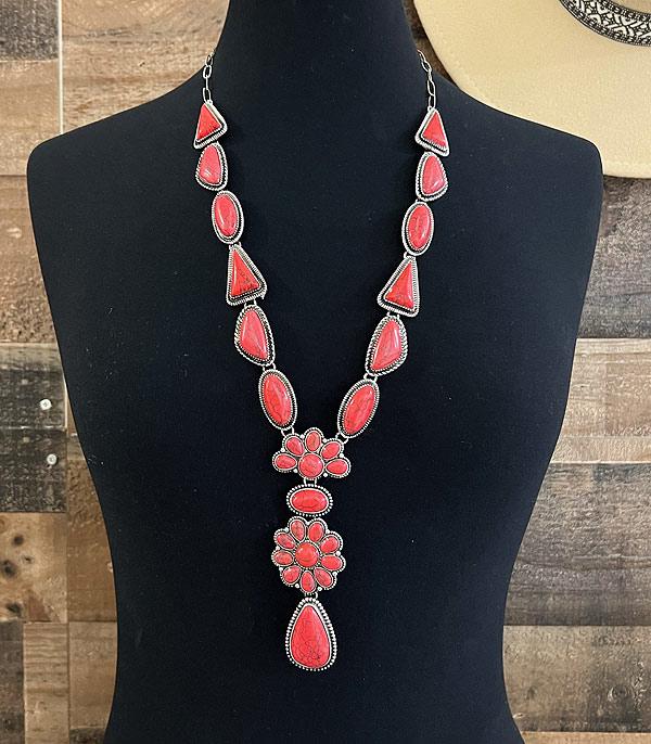 Edge Multi Shaped Stone Fashion Y Necklace Flower Teardrop - Red