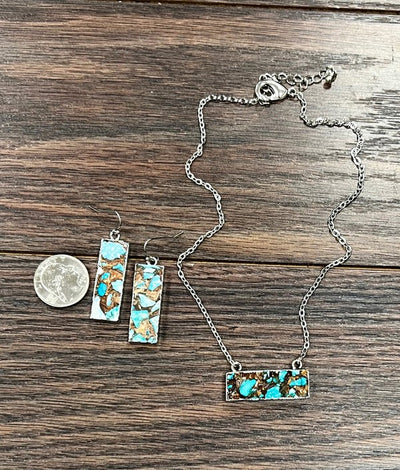 Granger Fashion Link Chain Turquoise Mix Bar Necklace & Earrings