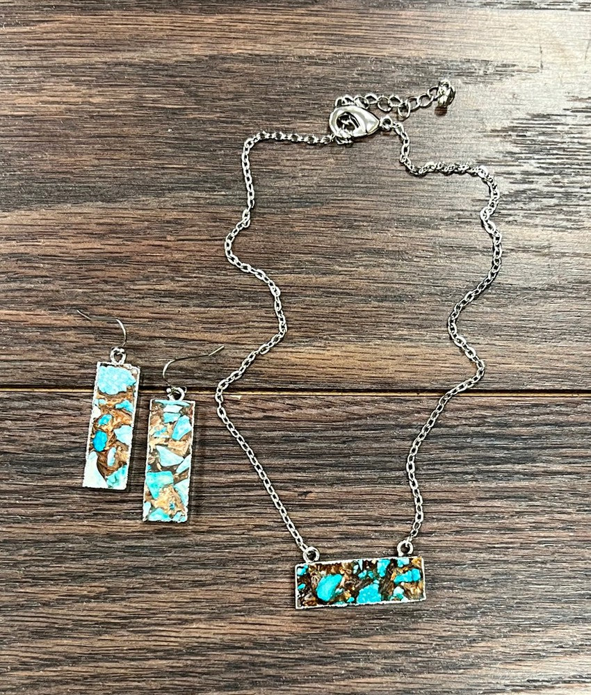 Granger Fashion Link Chain Turquoise Mix Bar Necklace & Earrings