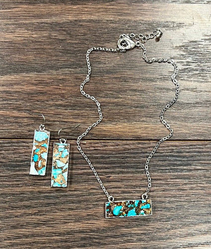 Granger Fashion Link Chain Turquoise Mix Bar Necklace & Earrings