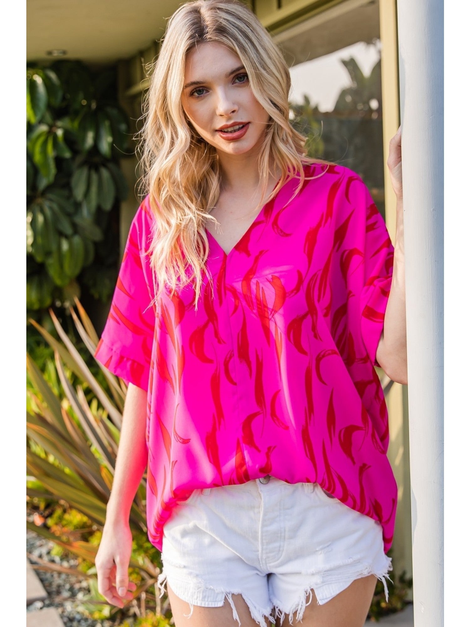 Short Sleeve V-Neck Red & Hot Pink Print