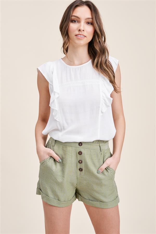 Button Detail Striped Shorts - Olive