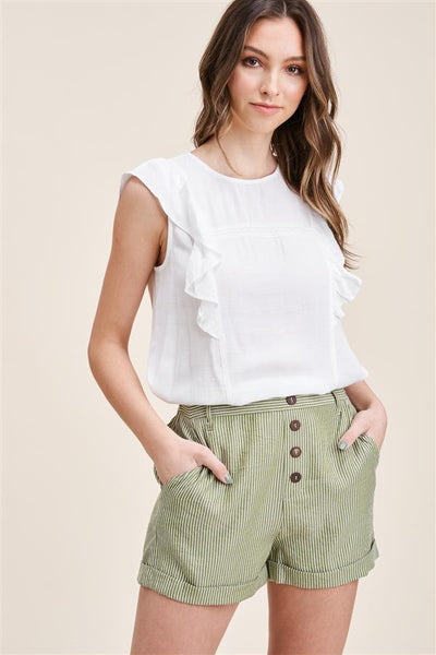 Button Detail Striped Shorts - Olive
