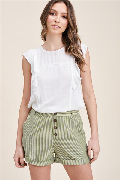Button Detail Striped Shorts - Olive
