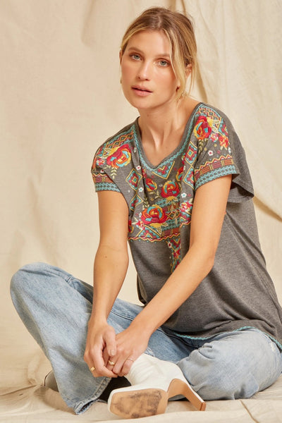 Floral Embroidered Charcoal Top