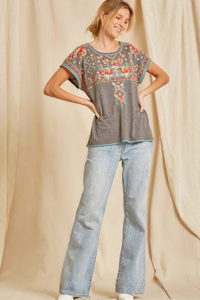 Floral Embroidered Charcoal Top