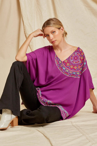 Embroidered V Neck Poncho Top