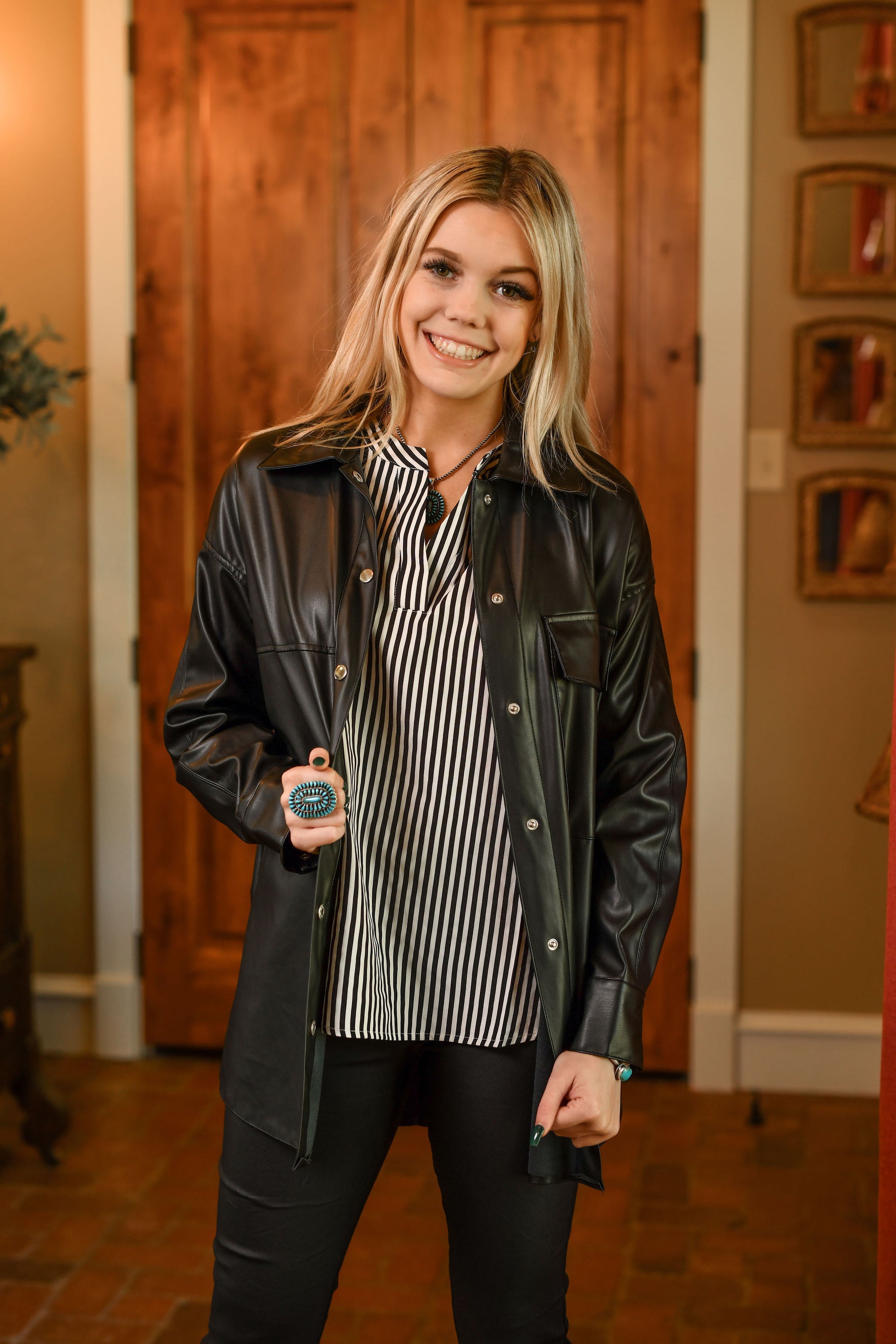 Black Faux Leather Button Down Shacket