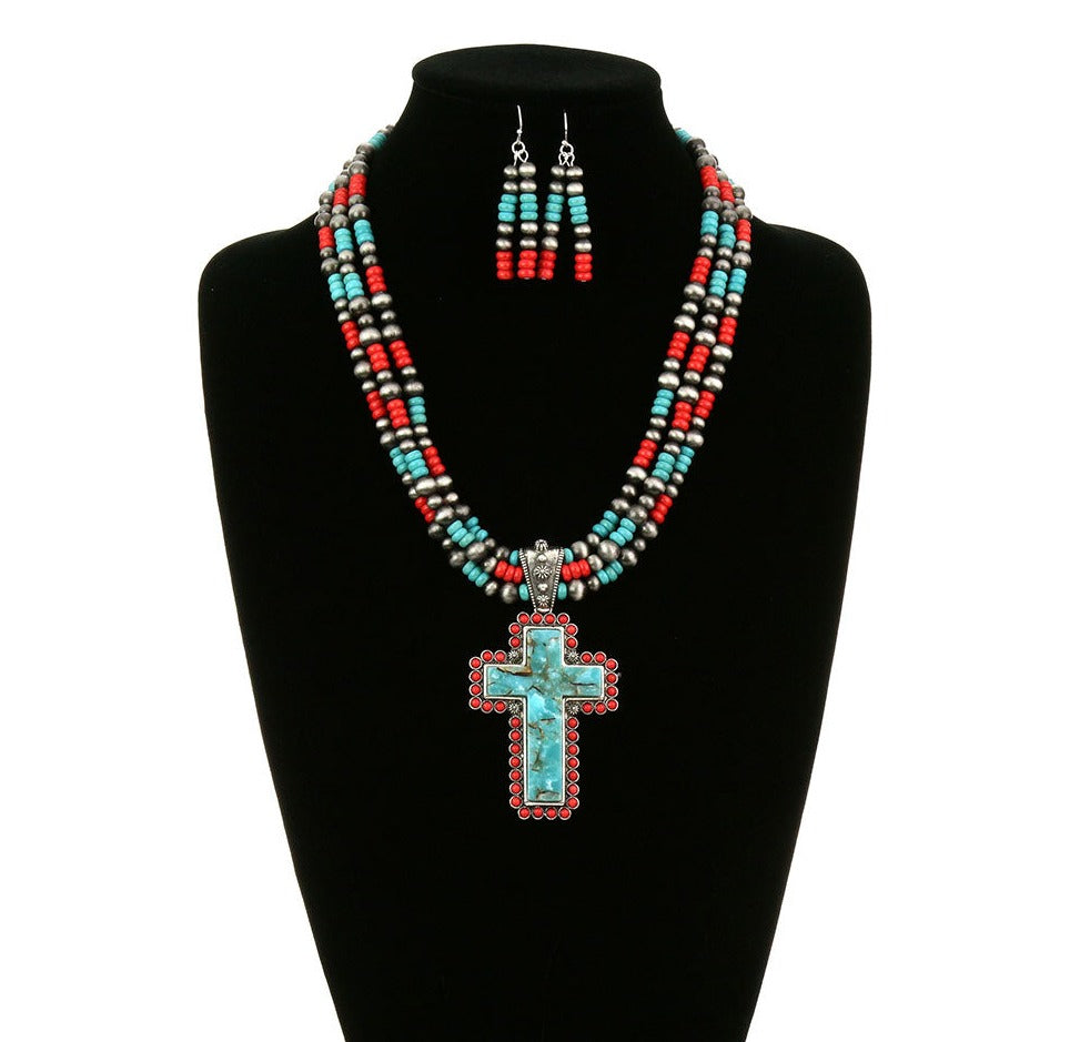 Leine 3 Strand Bead Necklace With Cross Pendant or Beaded Earrings