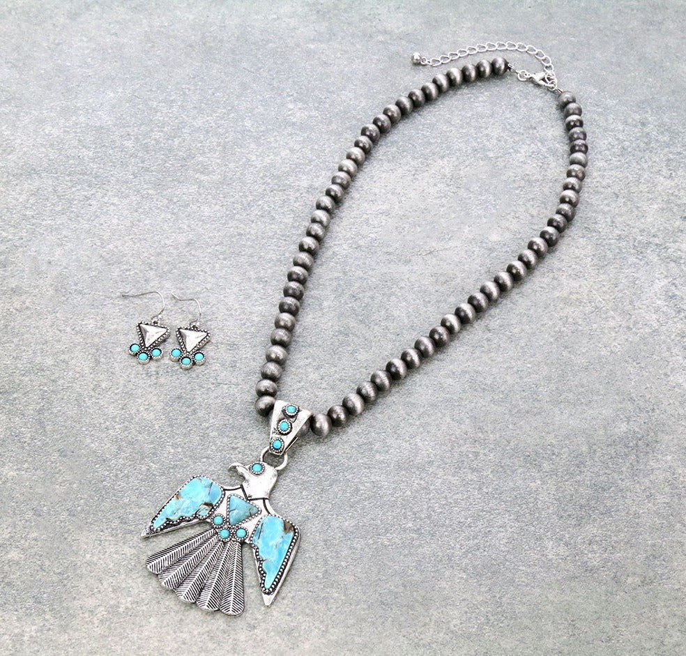 Trent Fashion Navajo Necklace With Thunderbird Pendant & Earrings - Turquoise